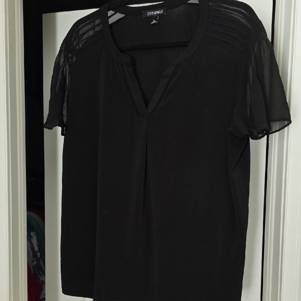 Roz & Ali Black Blouse with Sheer Sleeves